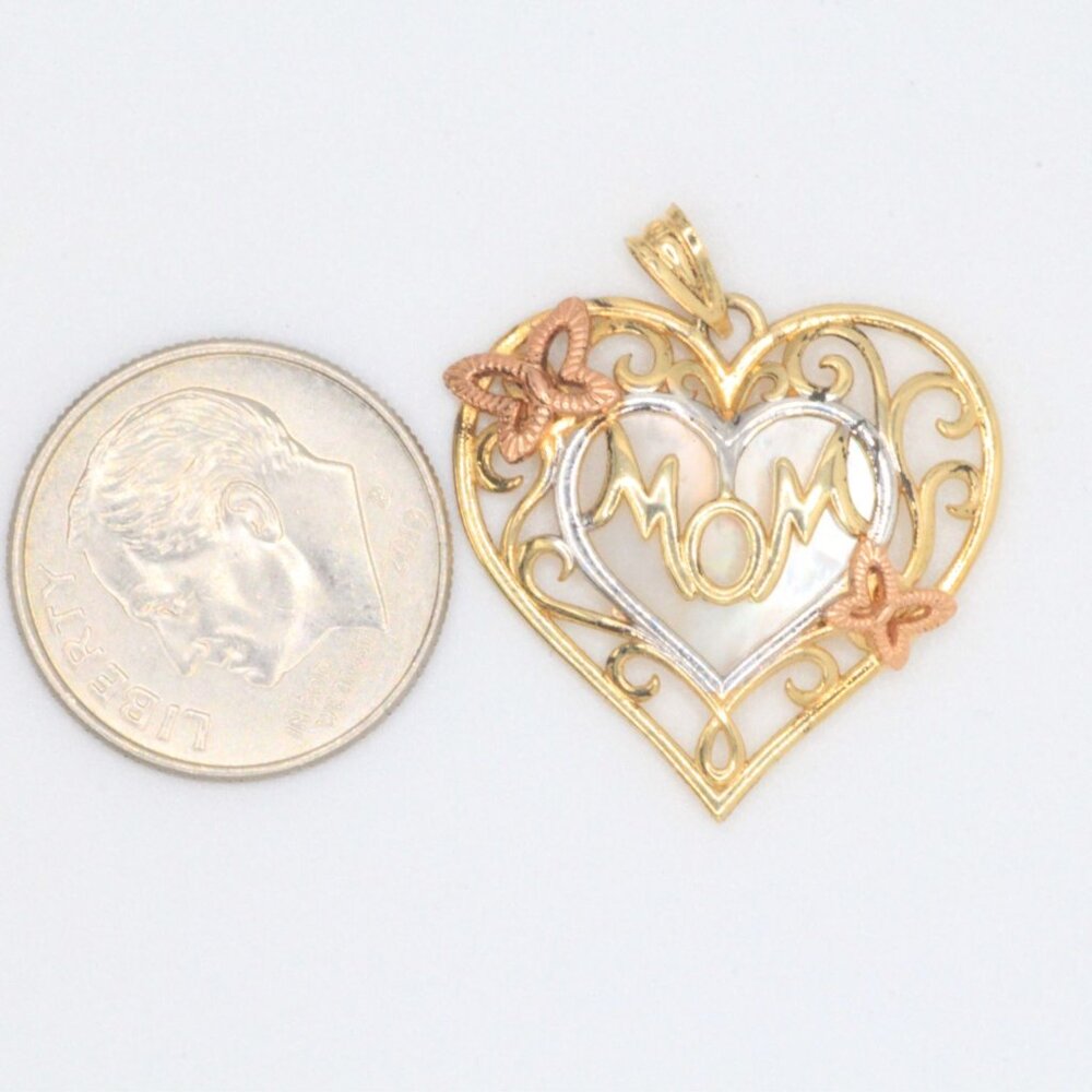10k Solid Gold Mom Script Word with Mother of Pearl Background Pendant - Picture 10 of 10